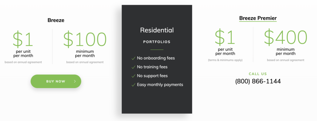A comparison chart showing two service plans: Breeze and Breeze Premier. Breeze is $1/unit per month with a $100 minimum. Breeze Premier is $1/unit per month with a $400 minimum. Both have no onboarding, training, or support fees. Call (800) 866-1144.